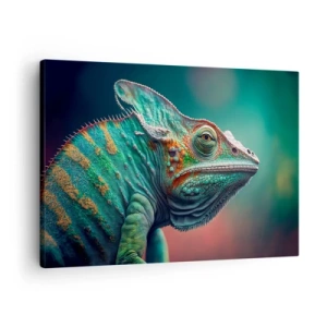 Schilderen op canvas - Close-up van een kameleon in intense kleuren - 70x50cm - Jij ziet mij? Niet goed… - Moderne wanddecoratie voor woonkamer en slaapkamer ARTTOR
