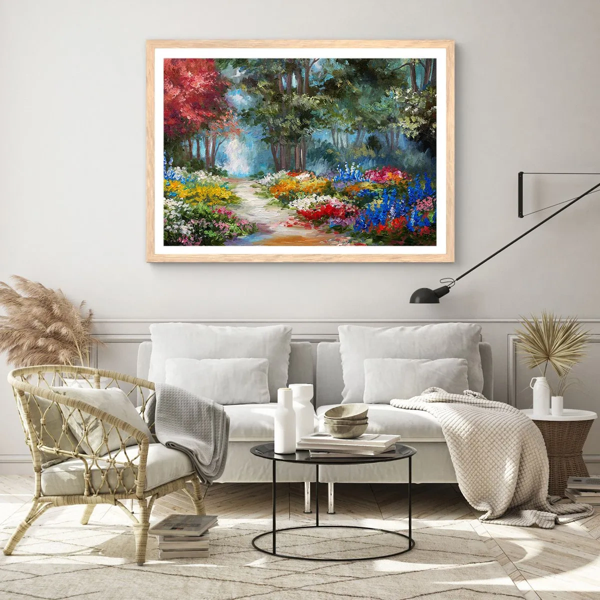 Een poster in een licht eiken lijst - Bostuin, bloemenbos - 100x70 cm