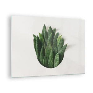 Schilderen op glas - Groene bladeren gerangschikt in de vorm van een vaas op een witte achtergrond - 70x50cm - Ongebreidelde nieuwsgierigheid - Moderne wanddecoratie voor woonkamer en slaapkamer ARTTOR