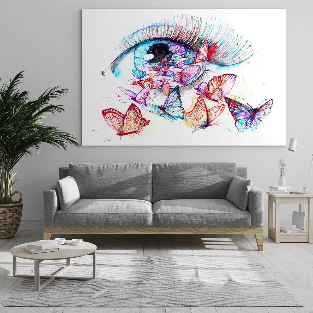 Schilderen op glas - Het oog van een vrouw omringd door kleurrijke aquarelvlinders - 70x50cm - Sprookjesachtige ogen charme - Moderne wanddecoratie voor woonkamer en slaapkamer ARTTOR