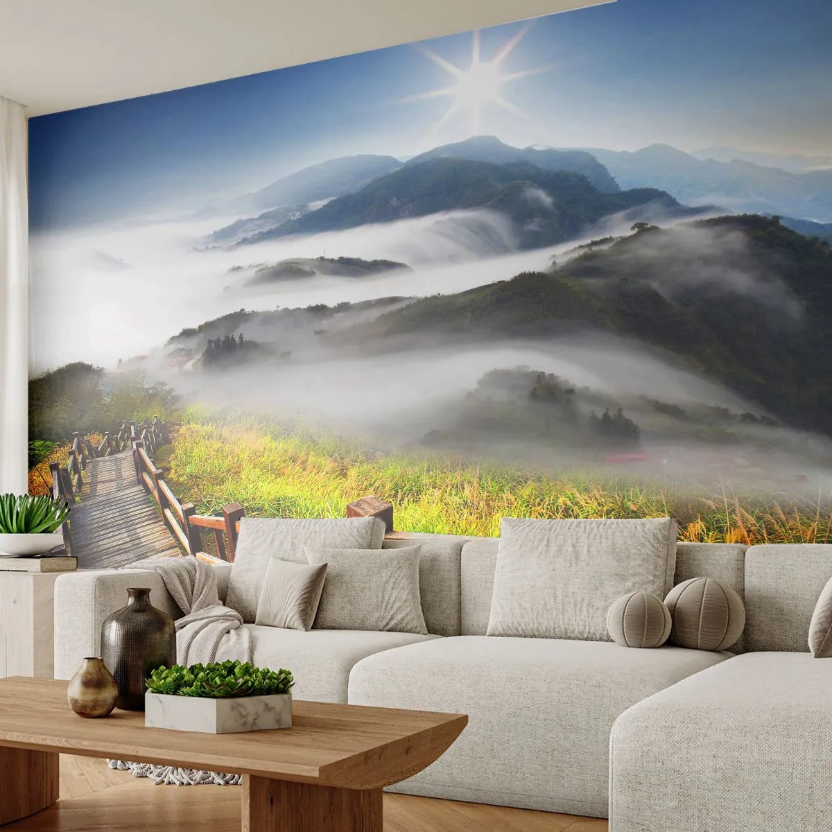 Zelfklevend Fotobehang Deluxe Sticker - Geweven van schittering en mist - Landschap, Bergen, Nationaal Park - 250x175 cm