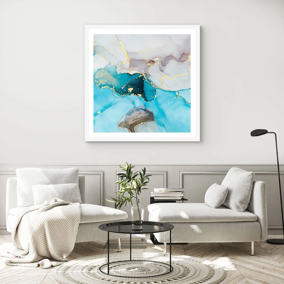 Poster in een witte lijst - Een studie van de ontmoeting van grijs en turkoois - 30x30 cm