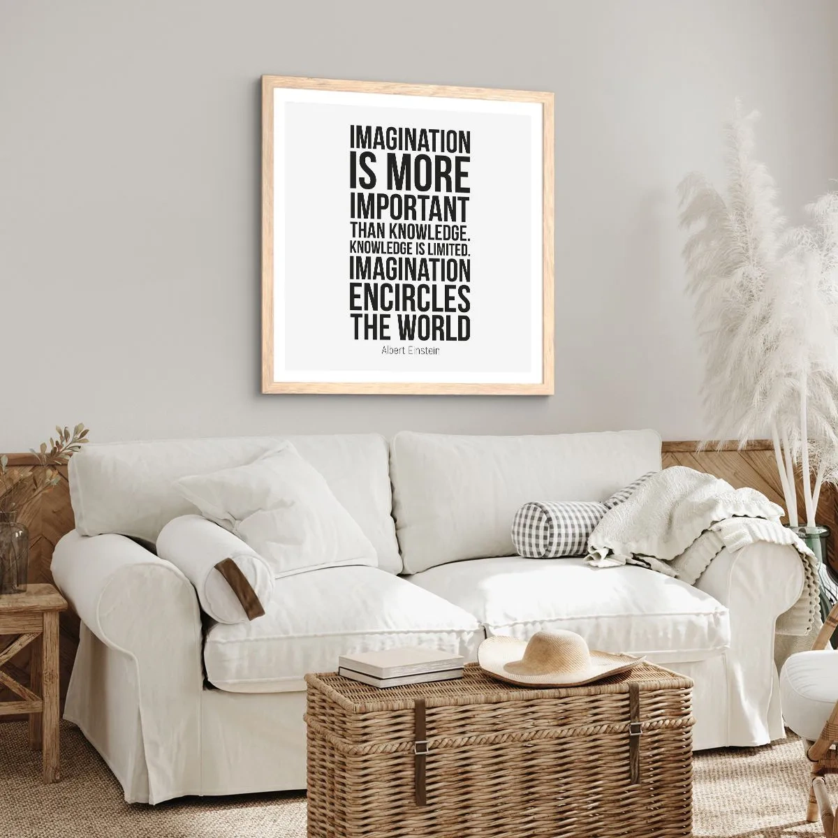 Een poster in een licht eiken lijst - Einstein over de kracht van verbeelding - 30x30 cm