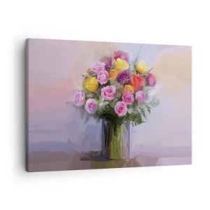 Schilderen op canvas - Een boeket kleurrijke rozen in een glazen vaas - 70x50cm - Ingehouden schoonheid - Moderne wanddecoratie voor woonkamer en slaapkamer ARTTOR