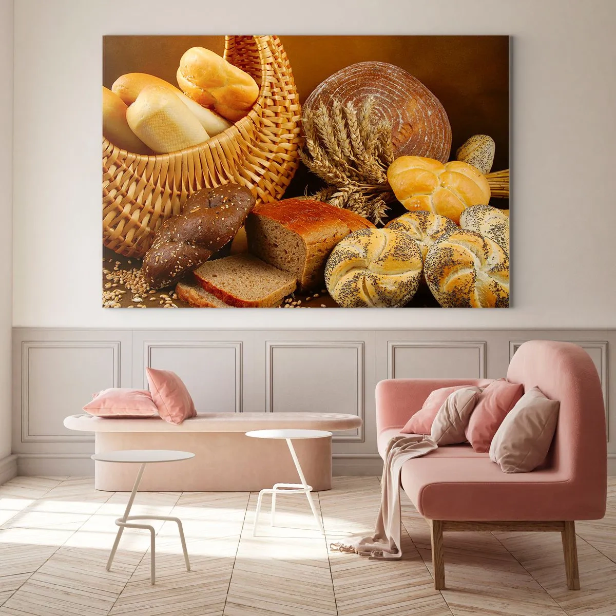 Schilderen op glas - Een mand met brood en broden tegen de achtergrond van korenaren - 70x50cm - We kwamen er weer mee weg - Moderne wanddecoratie voor woonkamer en slaapkamer ARTTOR