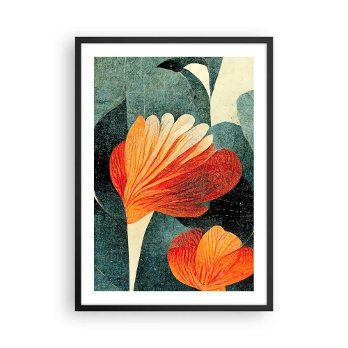 Poster in een zwarte lijst - Abstracte bloemen in tinten oranje en groen - 50x70cm - De hitte van de tropen en de koelte van het groen - Moderne wanddecoratie voor woonkamer en slaapkamer ARTTOR