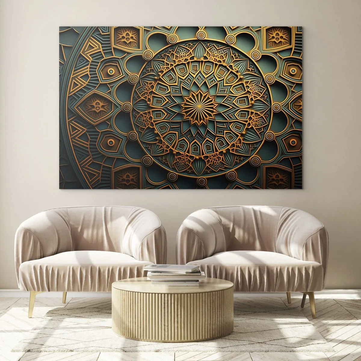 Schilderen op glas - Goud en turquoise ornament in de stijl van een Arabisch mozaïek - 70x50cm - In Arabische sfeer - Moderne wanddecoratie voor woonkamer en slaapkamer ARTTOR