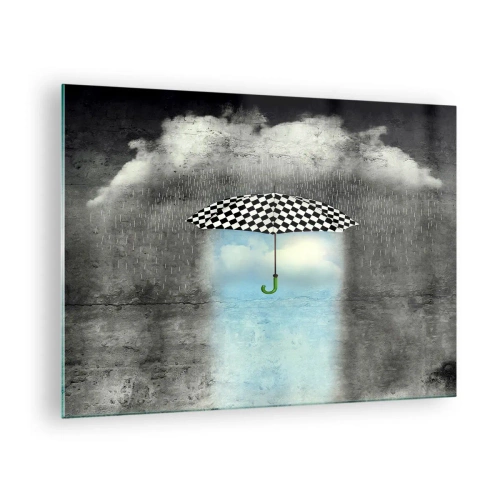 Schilderen op glas - Een zwart-wit geblokte paraplu tegen een achtergrond van regen en wolken - 70x50cm - Toch mogelijk - Moderne wanddecoratie voor woonkamer en slaapkamer ARTTOR