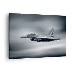 Schilderen op canvas - Een straaljager in de lucht tegen een bewolkte lucht - 70x50cm - Ga je de handschoen toewerpen? - Moderne wanddecoratie voor woonkamer en slaapkamer ARTTOR
