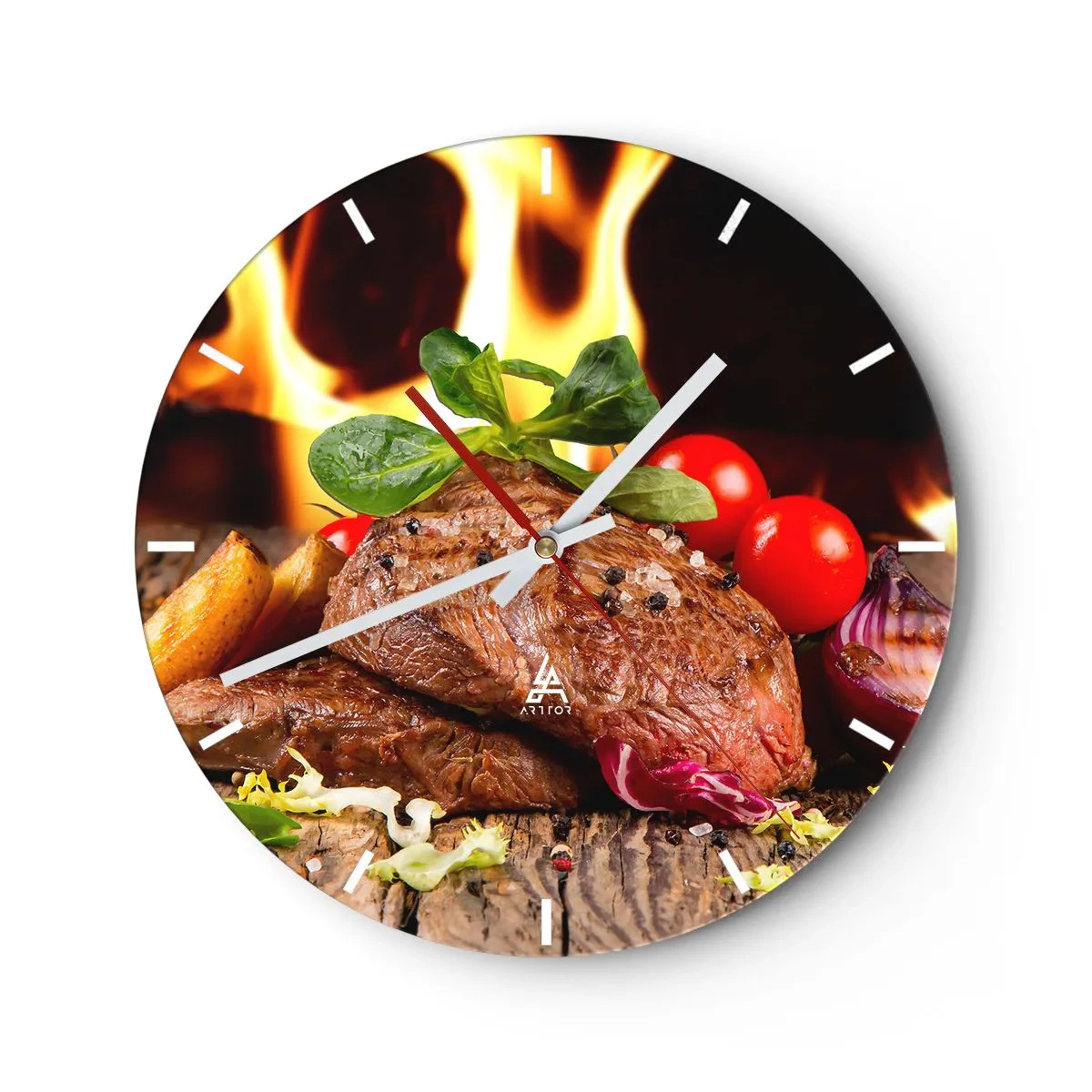 Wandklok - Klok - Biefstuk met groenten op het vuur - 30x30cm - Opgewekt door hitte - Moderne wanddecoratie voor woonkamer, keuken en slaapkamer ARTTOR