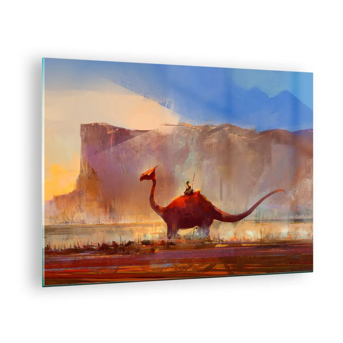Schilderen op glas - Een fantasielandschap met een ruiter op een prehistorisch wezen - 70x50cm - Als ze niet waren uitgestorven - Moderne wanddecoratie voor woonkamer en slaapkamer ARTTOR