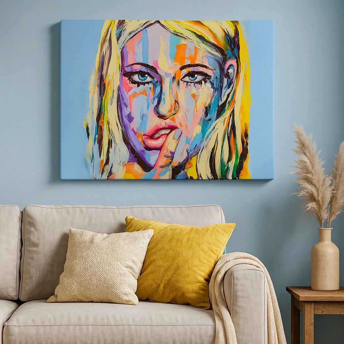 Schilderen op canvas - Kleurrijk portret van een vrouw in abstracte stijl - 70x50cm - Kijk haar recht in de ogen - Moderne wanddecoratie voor woonkamer en slaapkamer ARTTOR