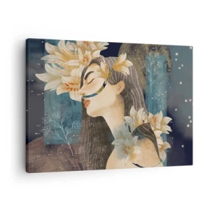Schilderen op canvas - Portret van een vrouw met bloemen in een artistieke stijl op een donkere achtergrond - 70x50cm - Een sprookje over een prinses met lelies - Moderne wanddecoratie voor woonkamer en slaapkamer ARTTOR