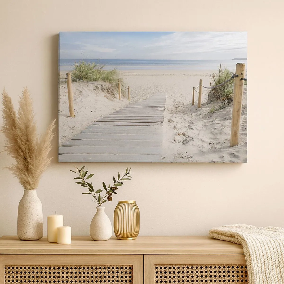 Schilderen op canvas - Een plankenpad dat naar een zandstrand leidt - 70x50cm - naar de horizon - Moderne wanddecoratie voor woonkamer en slaapkamer ARTTOR