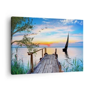 Schilderen op canvas - Pier aan het meer met boot en zonsondergang - 70x50cm - Goedeavond - Moderne wanddecoratie voor woonkamer en slaapkamer ARTTOR