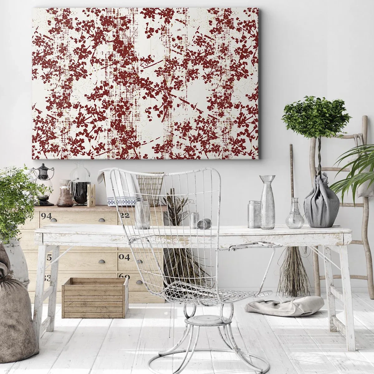 Schilderen op canvas - Rode bloemen op een witte achtergrond in een artistieke stijl - 70x50cm - Zoals oud calico - Moderne wanddecoratie voor woonkamer en slaapkamer ARTTOR