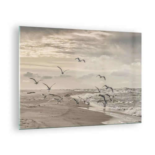 Schilderen op glas - Vogels aan de kust bij zonsopgang in sepiatinten - 70x50cm - Het geluid van de zee, het zingen van vogels - Moderne wanddecoratie voor woonkamer en slaapkamer ARTTOR