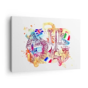 Schilderen op canvas - Aquarel van Europese symbolen met landvlaggen - 70x50cm - Europese tour - Moderne wanddecoratie voor woonkamer en slaapkamer ARTTOR