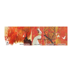 Fotobehang Monster Premium Canvas - Zal hij met hen vliegen? - Abstractie, Vrouw, Vogels - 100x30 cm
