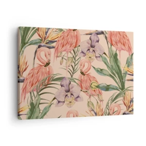 Schilderen op canvas - Flamingo's en tropische bloemen op een lichte achtergrond - 70x50cm - Roze ballet in bloemen - Moderne wanddecoratie voor woonkamer en slaapkamer ARTTOR
