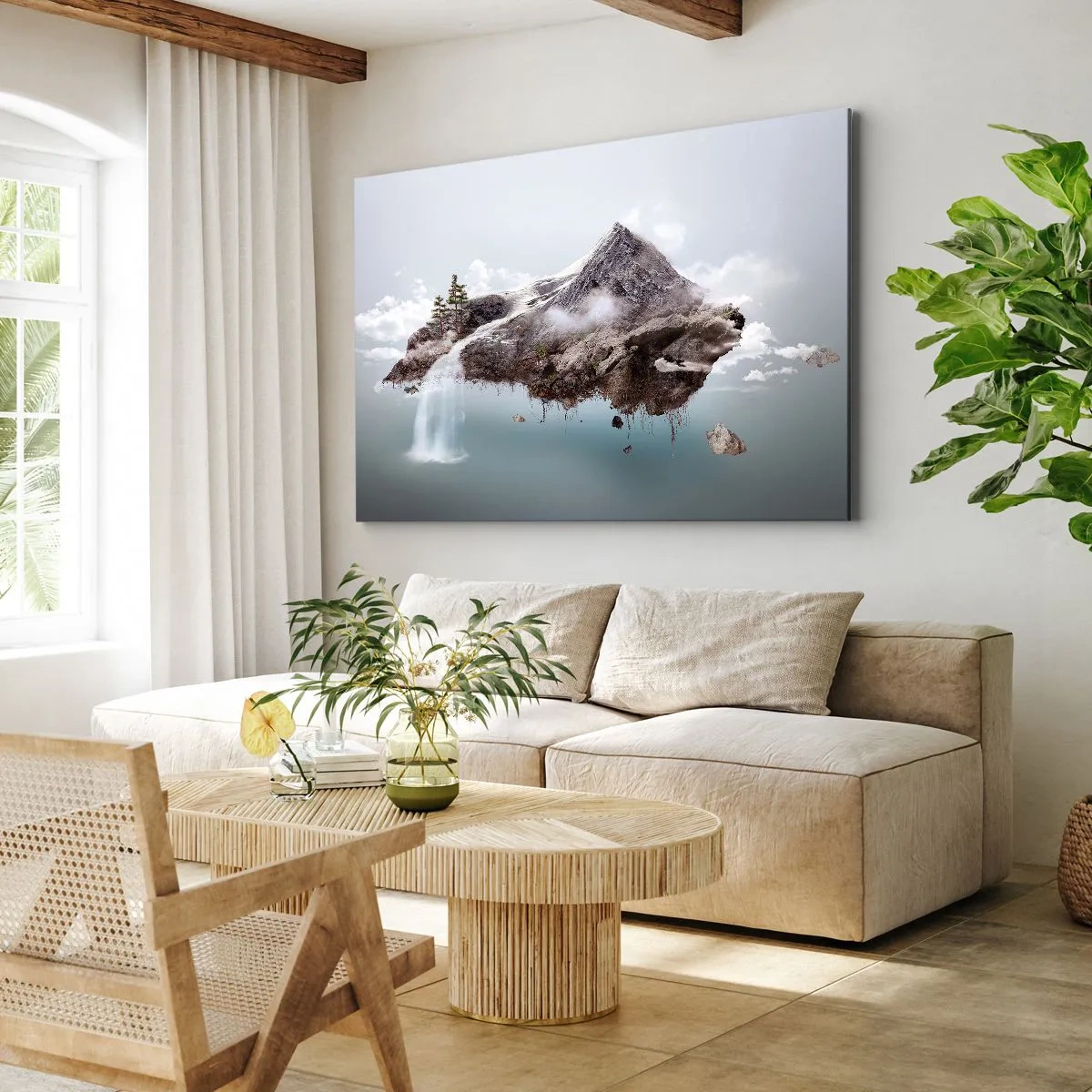 Schilderen op canvas - Een surrealistische berg die in de wolken zweeft met een waterval - 70x50cm - Gezien met het oog van een surrealist - Moderne wanddecoratie voor woonkamer en slaapkamer ARTTOR