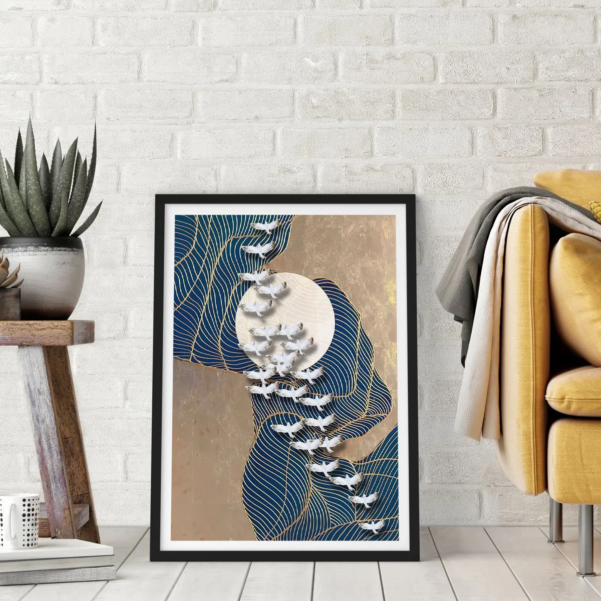 Poster in een zwarte lijst - Abstracte compositie met vogels en de maan in gouden tinten - 50x70cm - Vrijheid, dwalen, gemeenschap - Moderne wanddecoratie voor woonkamer en slaapkamer ARTTOR