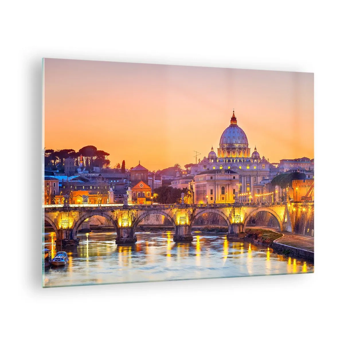 Schilderen op glas - Brug en basiliek in Rome bij zonsondergang - 70x50cm - Zonsondergang boven de Eeuwige Stad - Moderne wanddecoratie voor woonkamer en slaapkamer ARTTOR