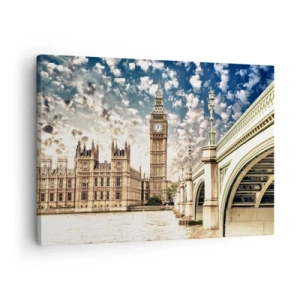 Schilderen op canvas - Big Ben en Westminster Bridge verlicht door de zon in Londen - 70x50cm - Luchtige wolken boven de Theems - Moderne wanddecoratie voor woonkamer en slaapkamer ARTTOR