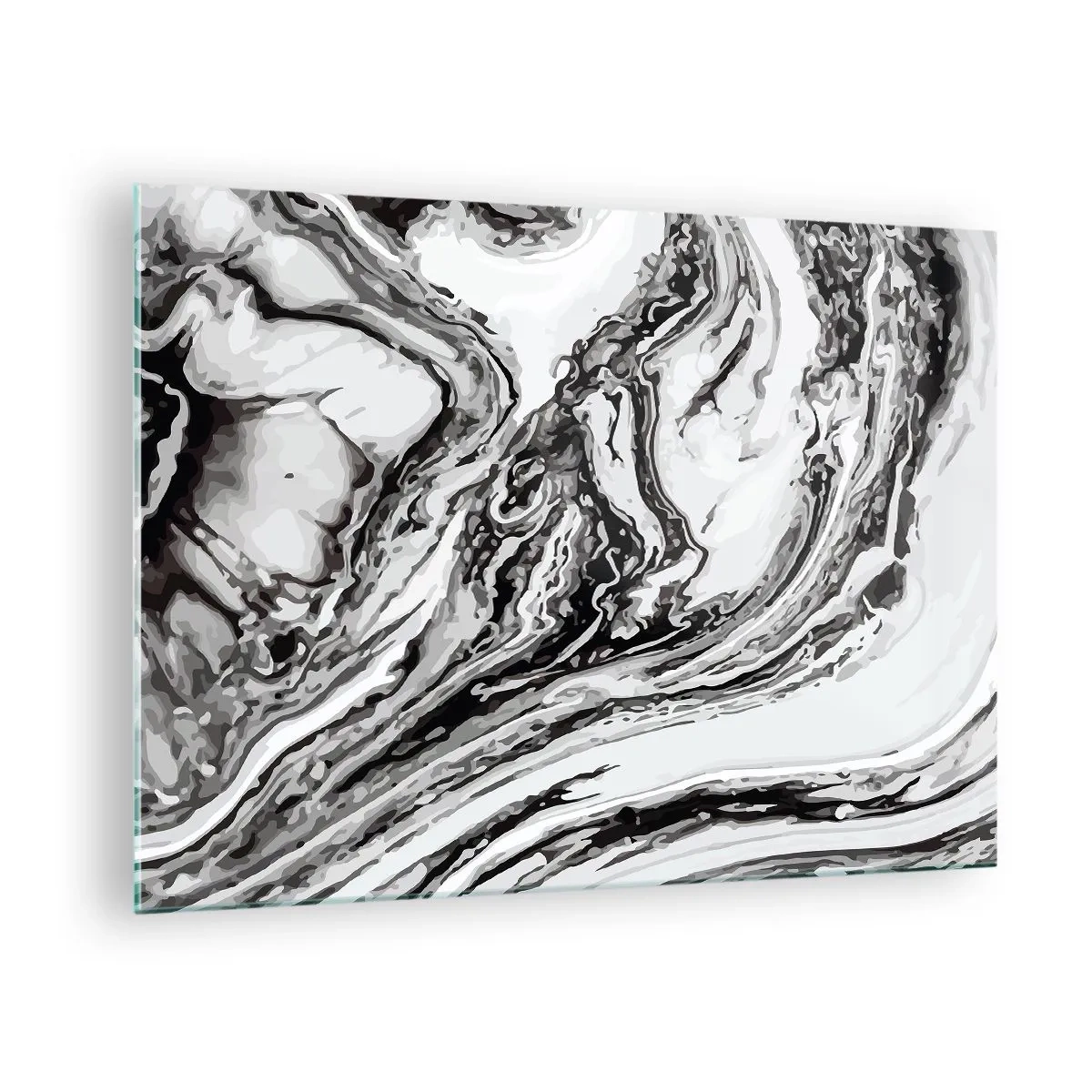 Schilderen op glas - Een abstract patroon in zwart-wittinten dat op golven lijkt. - 70x50cm - In het begin was er chaos - Moderne wanddecoratie voor woonkamer en slaapkamer ARTTOR
