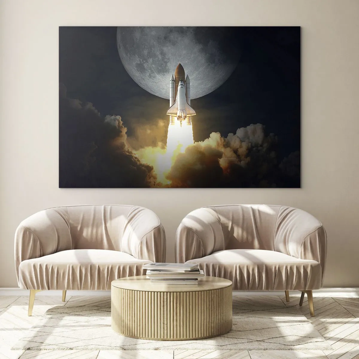 Schilderen op glas - De lancering van een ruimteraket tegen de achtergrond van de maan en de nachtelijke hemel. - 70x50cm - Het begin van een onaards avontuur - Moderne wanddecoratie voor woonkamer en slaapkamer ARTTOR