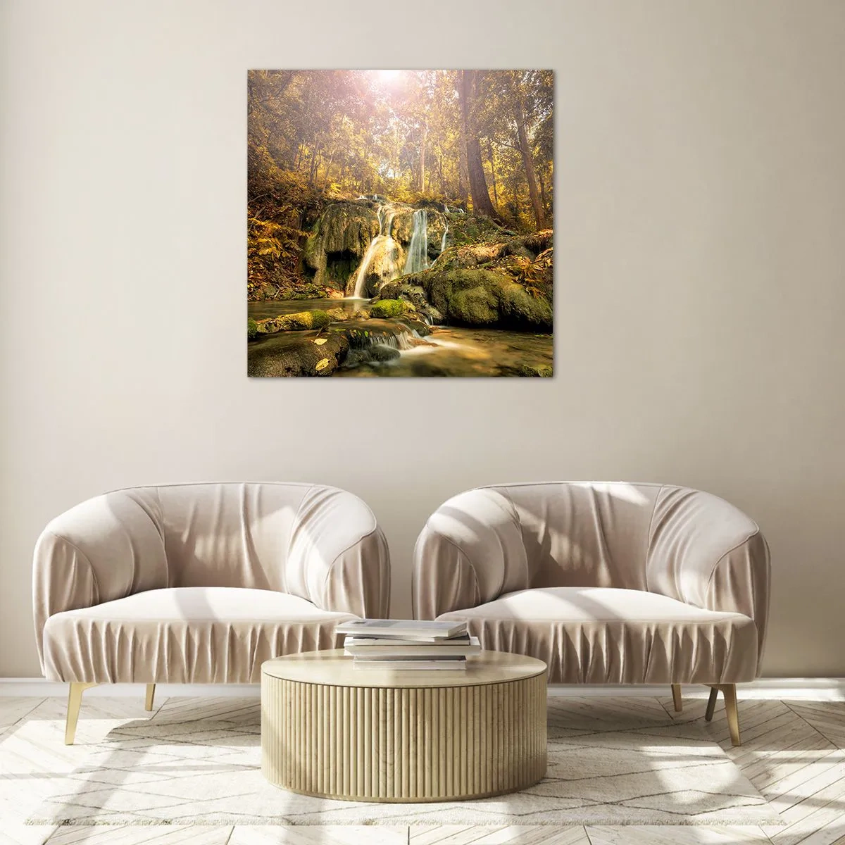 Schilderen op glas - Boscascade in het groen - 70x70 cm