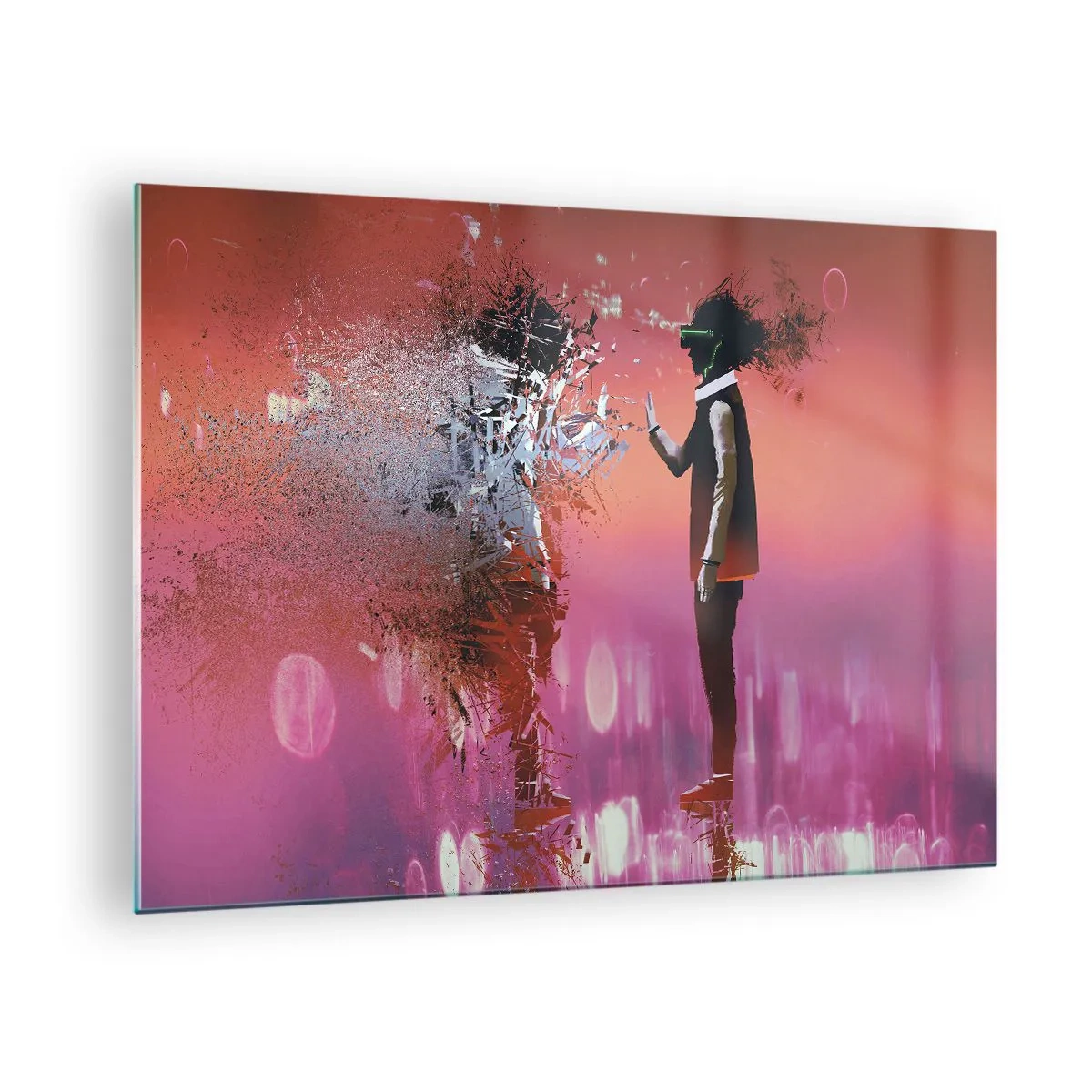 Schilderen op glas - Een personage in virtual reality met een verstrooiende schaduw - 70x50cm - Kun je naar jezelf kijken? - Moderne wanddecoratie voor woonkamer en slaapkamer ARTTOR