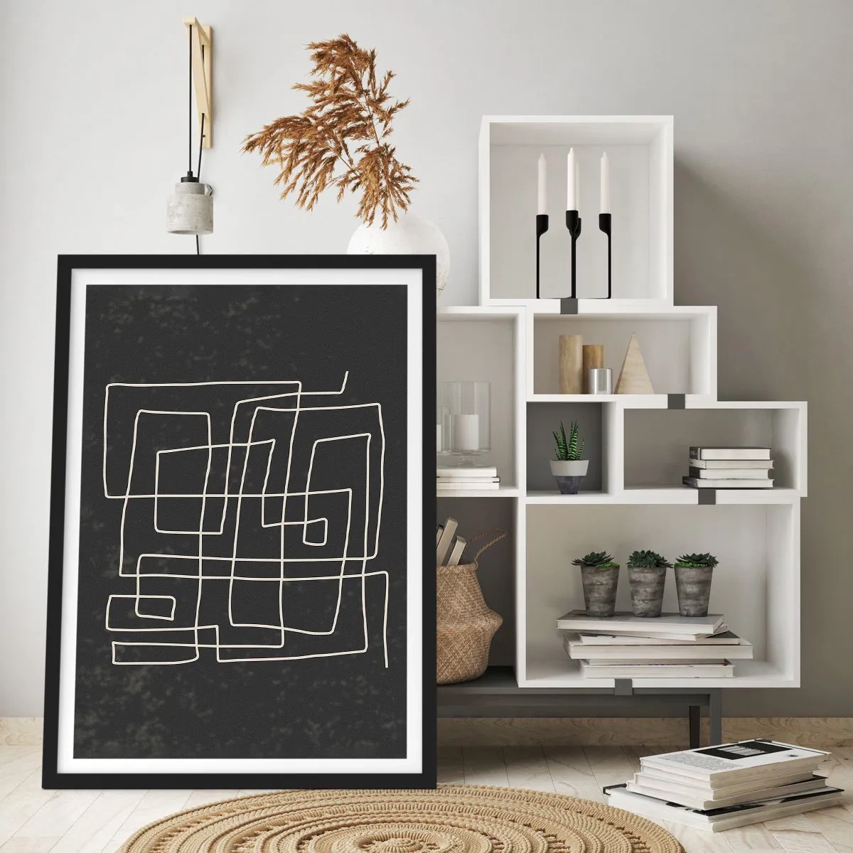 Poster in een zwarte lijst - Geometrische abstractie op een zwarte achtergrond - 50x70cm - Niet zo eenvoudig - Moderne wanddecoratie voor woonkamer en slaapkamer ARTTOR