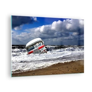 Schilderen op glas - Een oude bus in het water van een stormachtige zee - 70x50cm - En je bent verrast? - Moderne wanddecoratie voor woonkamer en slaapkamer ARTTOR