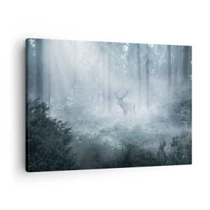 Schilderen op canvas - Een hert in een dicht bos, gehuld in ochtendmist - 70x50cm - Ochtendbezoek aan het landgoed - Moderne wanddecoratie voor woonkamer en slaapkamer ARTTOR