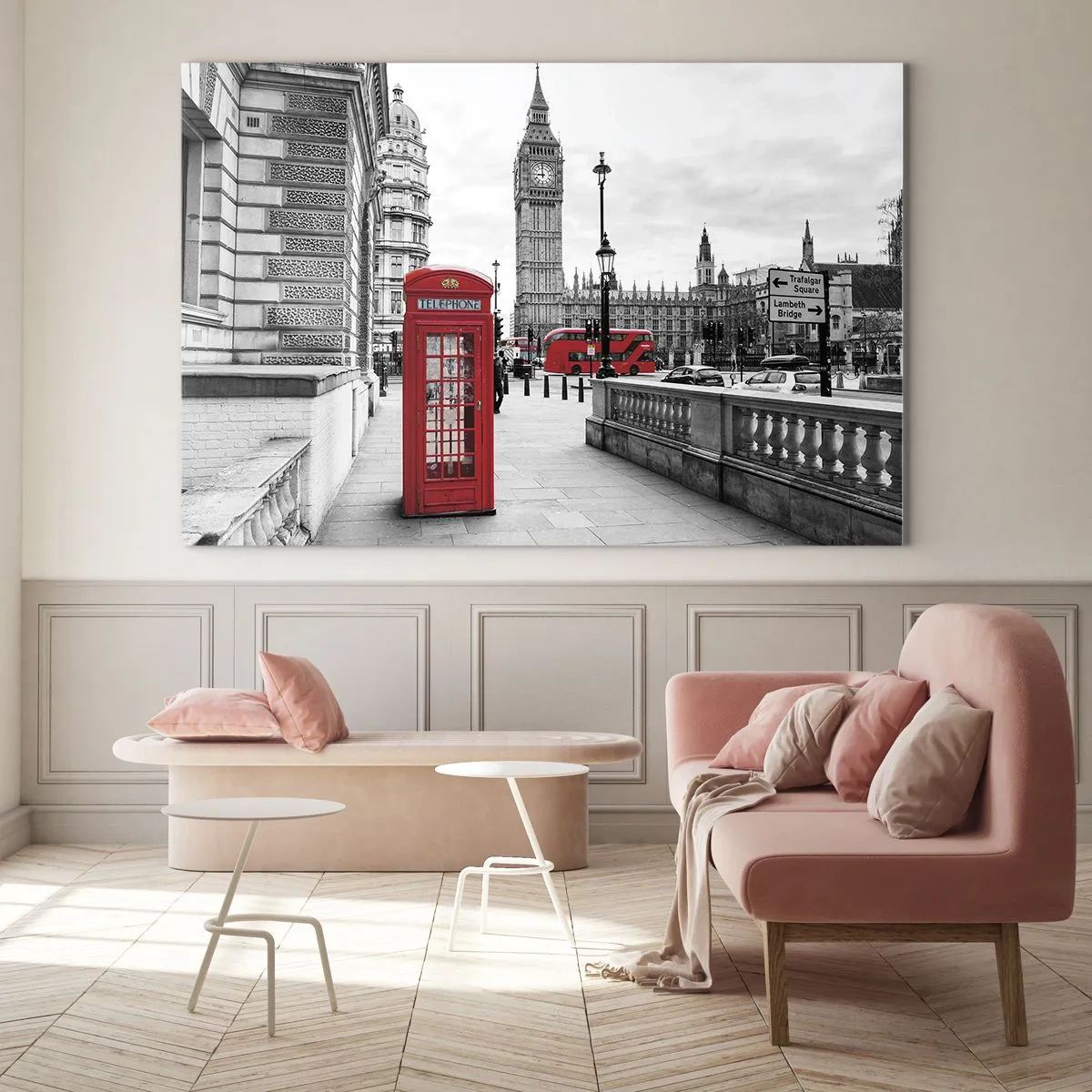 Schilderen op glas - Zwart-wit Londen met een rode telefooncel en bus - 70x50cm - Londen, zonder twijfel - Moderne wanddecoratie voor woonkamer en slaapkamer ARTTOR