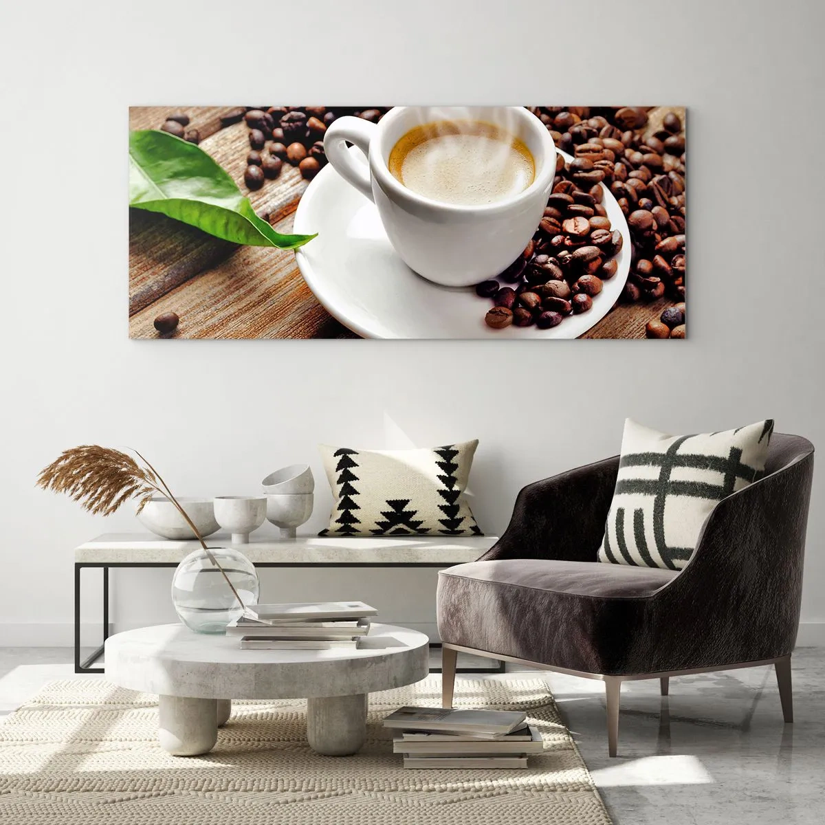 Schilderen op glas - Koffie op de bank - 90x30 cm
