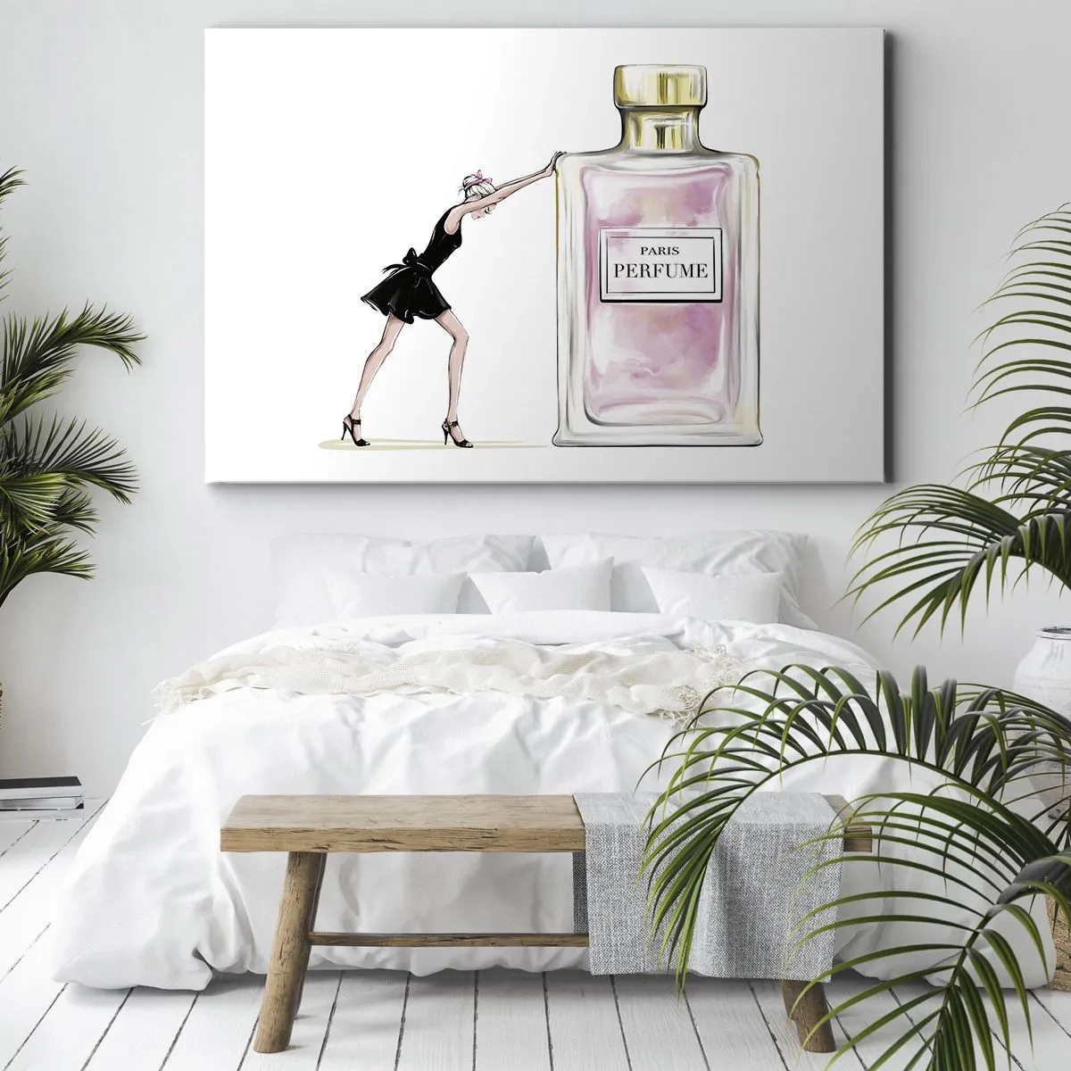 Schilderen op canvas - Een vrouw in een zwarte jurk naast een flesje parfum - 70x50cm - De essentie van vrouwelijkheid - Moderne wanddecoratie voor woonkamer en slaapkamer ARTTOR
