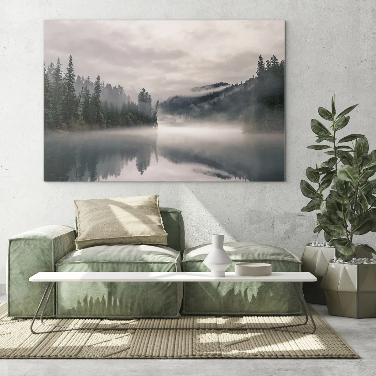 Schilderen op glas - Ochtendgezicht van een meer in het bos, gehuld in mist - 70x50cm - In reflectie, in de mist - Moderne wanddecoratie voor woonkamer en slaapkamer ARTTOR