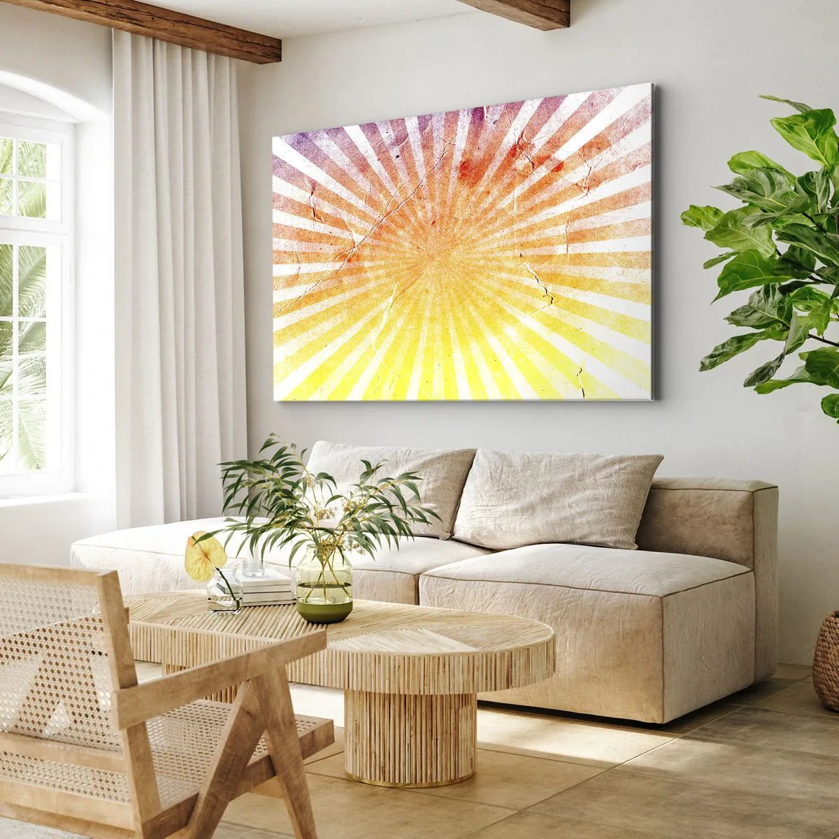 Schilderen op canvas - Zonnestralen in tinten oranje en geel - 70x50cm - Zonsopgangen en zonsondergangen - Moderne wanddecoratie voor woonkamer en slaapkamer ARTTOR