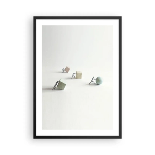 Poster in een zwarte lijst - Miniatuurfiguren die kleurrijke geometrische vormen voortduwen - 50x70cm - Puur leven - Moderne wanddecoratie voor woonkamer en slaapkamer ARTTOR