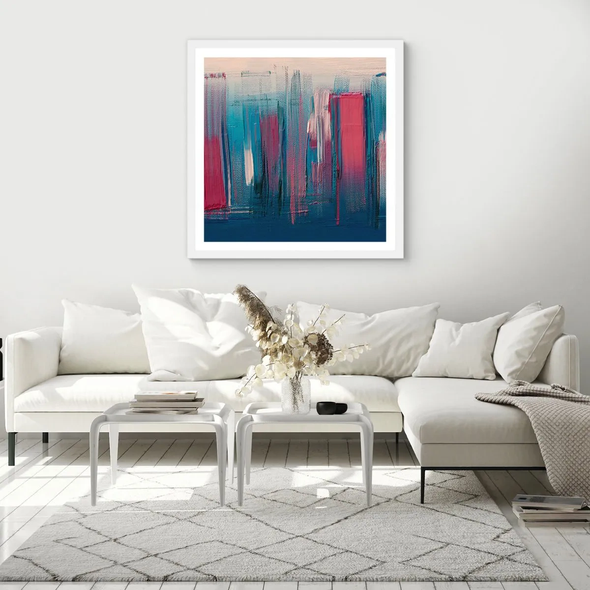 Poster in een witte lijst - Verticale compositie in blauw en rood - 50x50 cm