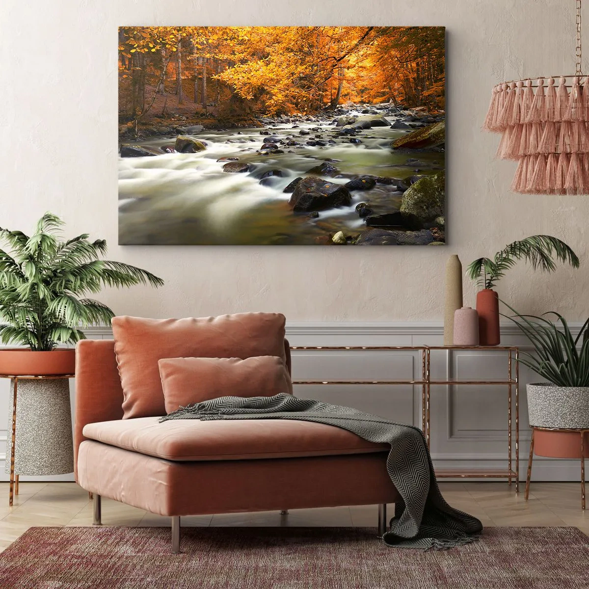 Schilderen op canvas - Een stroom in een gouden bos - 120x80 cm