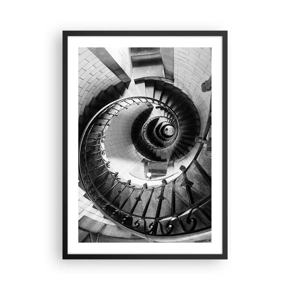 Poster in een zwarte lijst - Wenteltrap in zwart-wit perspectief - 50x70cm - Hoger en hoger - Moderne wanddecoratie voor woonkamer en slaapkamer ARTTOR