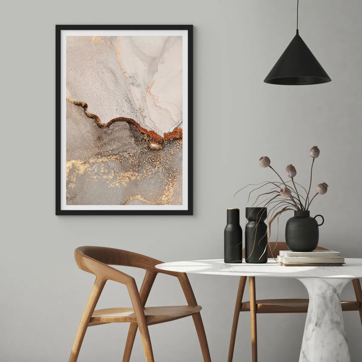 Poster in een zwarte lijst - Abstract marmerpatroon met gouden en koperen accenten - 50x70cm - Op de grens van kleuren - Moderne wanddecoratie voor woonkamer en slaapkamer ARTTOR