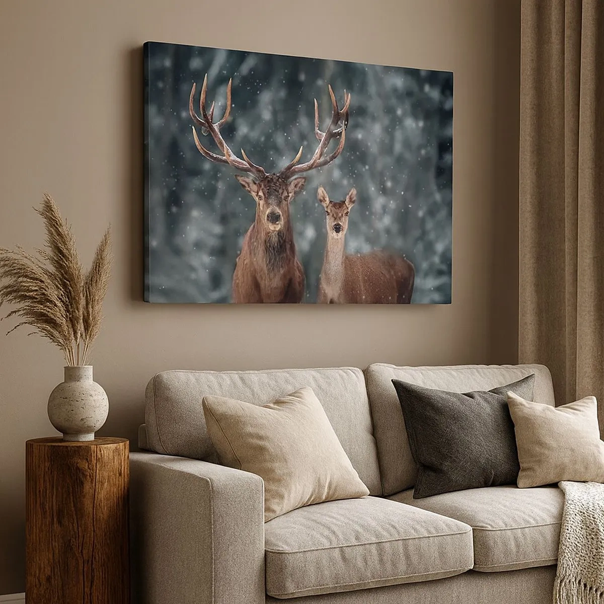 Schilderen op canvas - Herten in een met sneeuw bedekt winterbos - 70x50cm - Heer van het bos met zijn vrouw - Moderne wanddecoratie voor woonkamer en slaapkamer ARTTOR