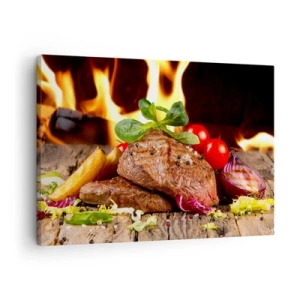 Schilderen op canvas - Gegrilde biefstuk met bijgerechten tegen de achtergrond van vlammen - 70x50cm - Opgewekt door hitte - Moderne wanddecoratie voor woonkamer en slaapkamer ARTTOR