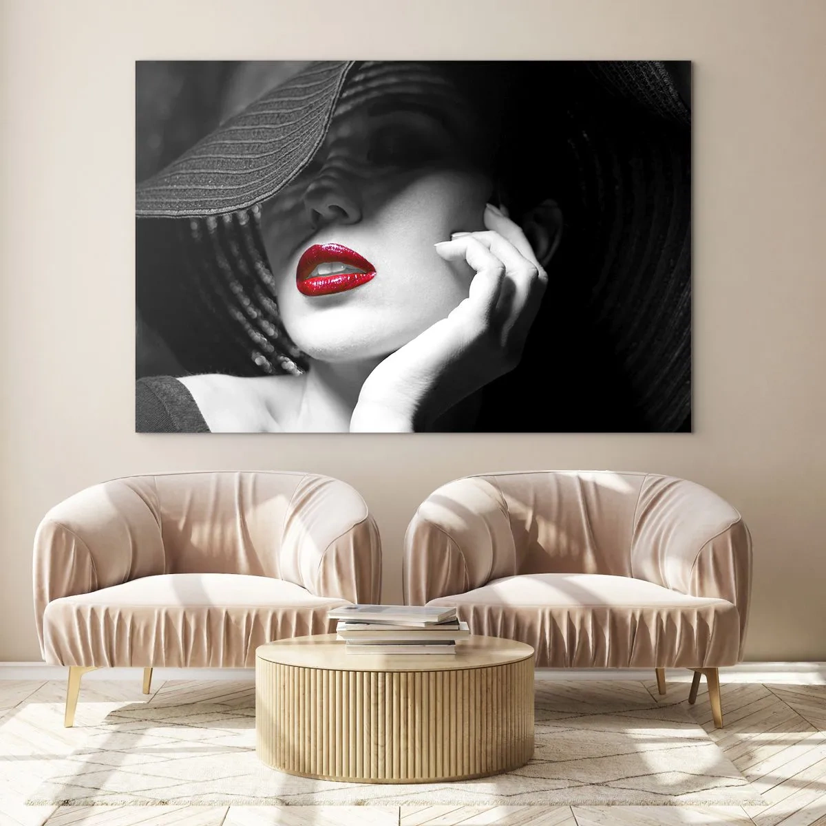 Schilderen op glas - Zwart-witcompositie met een rode lipaccent - 70x50cm - Een studie in scharlaken - Moderne wanddecoratie voor woonkamer en slaapkamer ARTTOR