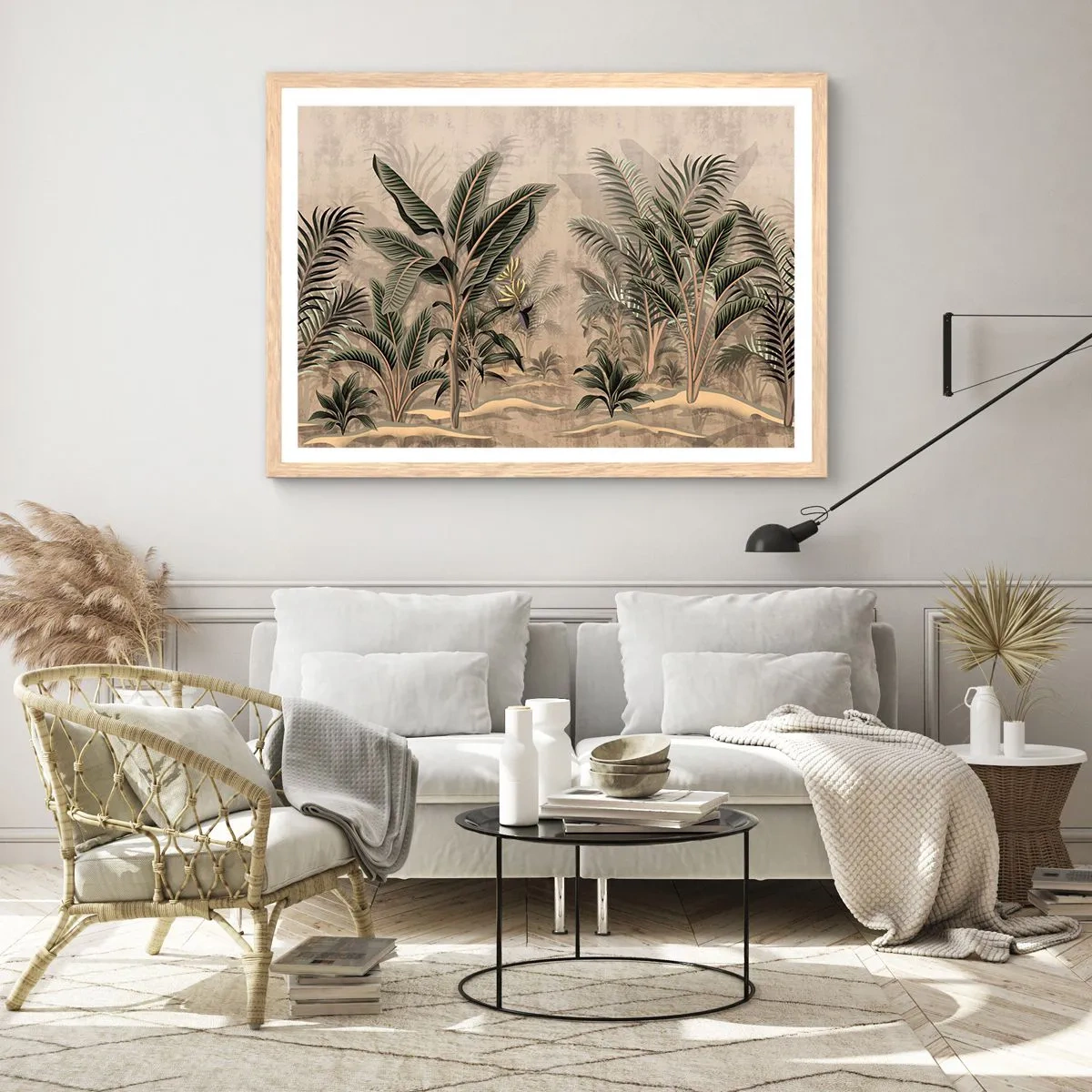 Een poster in een licht eiken lijst - Een gravure in koloniale stijl - 70x50 cm