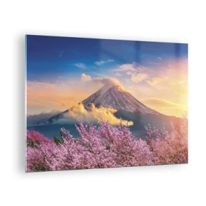 Schilderen op glas - De berg Fuji op de achtergrond met bloeiende sakurabomen op de voorgrond - 70x50cm - Japanse heiligheid - Moderne wanddecoratie voor woonkamer en slaapkamer ARTTOR